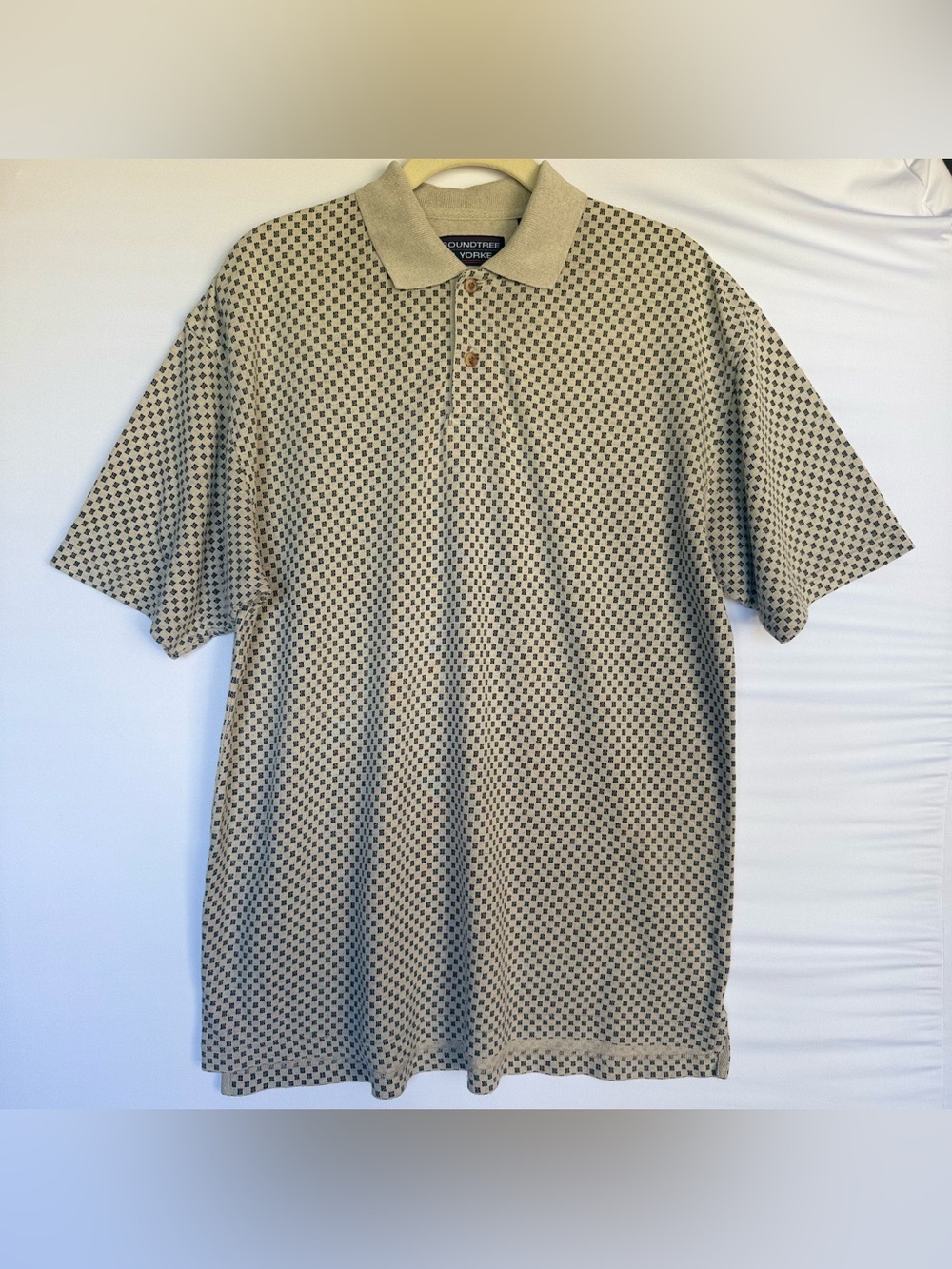 Roundtree & Yorke Men's Beige Patterned Polo Shirt Linen Rayon Blend vintage 90s